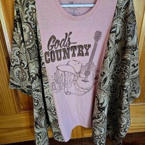 Pink Graphic Tee with Paisley Kimono